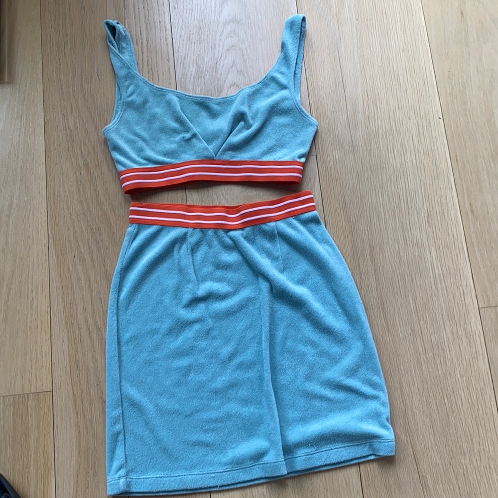 Two piece turquoise and orange set